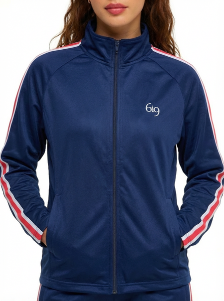 Blue Performance Track Jacket with Red and White Stripe Detailing